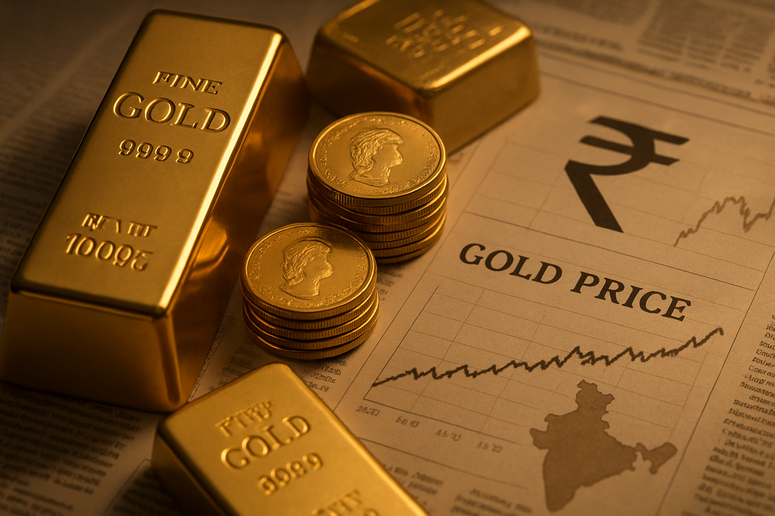 A close-up of gold bars and coins placed on top of a financial newspaper displaying rising gold price charts, with the Indian rupee symbol prominent and a background map highlighting India. Soft, realistic light to evoke high value, trust, and financial security.