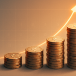 Stacks of Indian rupee coins rising with an exponential curve, representing compound interest growth over time