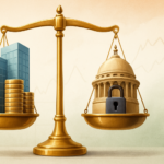 financial illustration of a balance scale with a skyscraper and coins on one side and an indian parliament dome on the other, representing corporate bonds versus g-secs