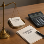 brass scale balancing gold coins and jewelry against personal loan papers and a calculator, symbolizing the decision between gold and personal loans