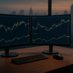 Realistic banner showing an Indian trading desk with monitors displaying gold, crude oil and copper price charts, symbolizing MCX commodity trading