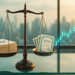wide banner illustration comparing diversified mutual funds and individual stock certificates on a balanced scale in a modern office setting
