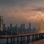 illustration of the mumbai skyline at dusk with a transparent rising stock chart symbolising the nifty 50 index