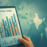 illustration of an nri investor studying indian mutual fund charts on a tablet with a world map backdrop