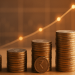 photorealistic banner showing rising stacks of indian rupee coins with an upward financial graph in the background symbolising compounding returns