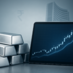 Realistic banner showing polished silver bars, a digital ETF price chart, and subtle Indian market motifs