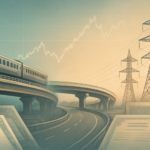 illustration showing indian railway, highway and power lines rising from bond papers with a market price chart, representing tax-free bonds in 2026